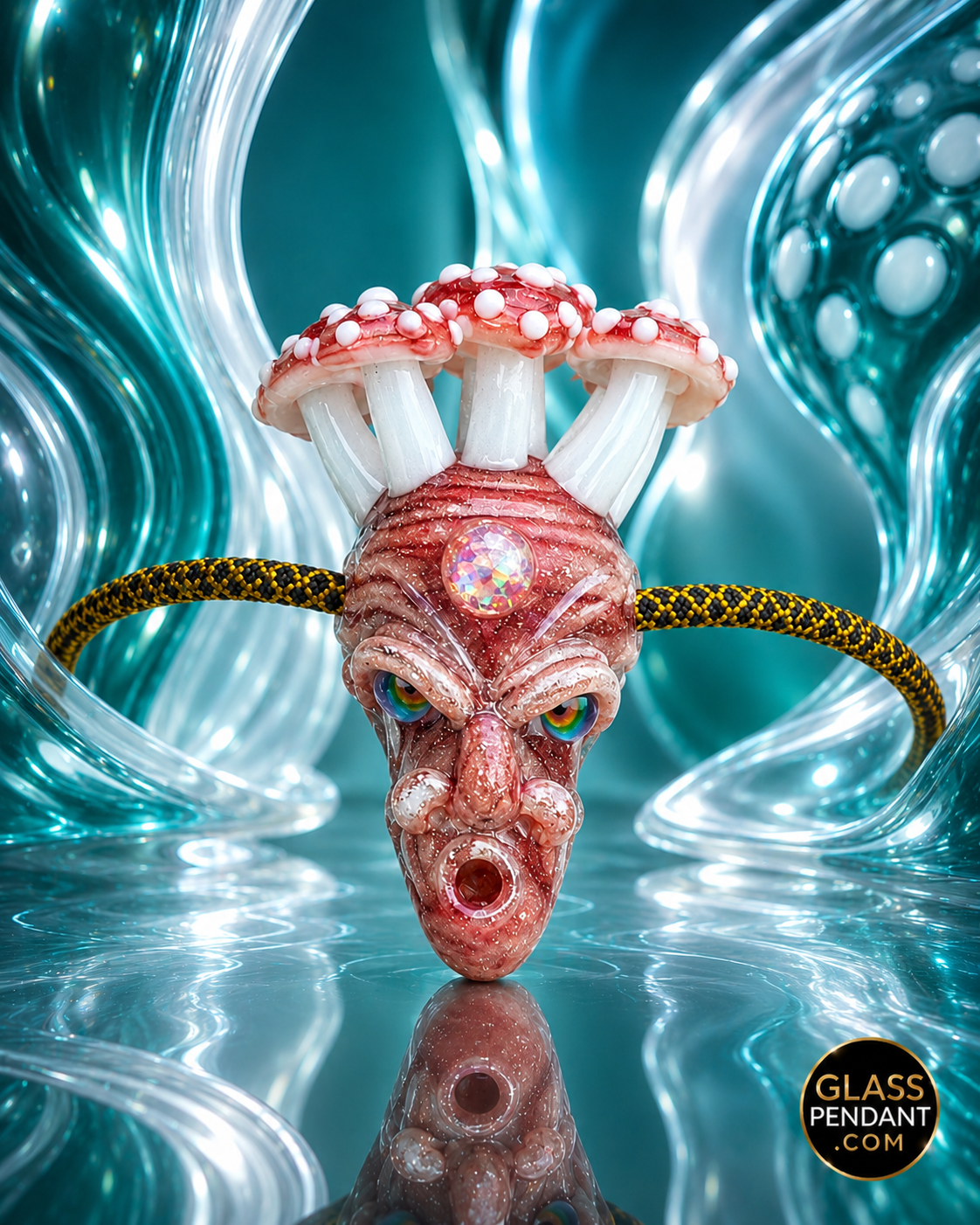 Hand-blown heady glass pendant by upgrade glass. Featuring red blizzard glass, amanita mushrooms, and encased third eye opal. Hanging from a ball chain necklace.