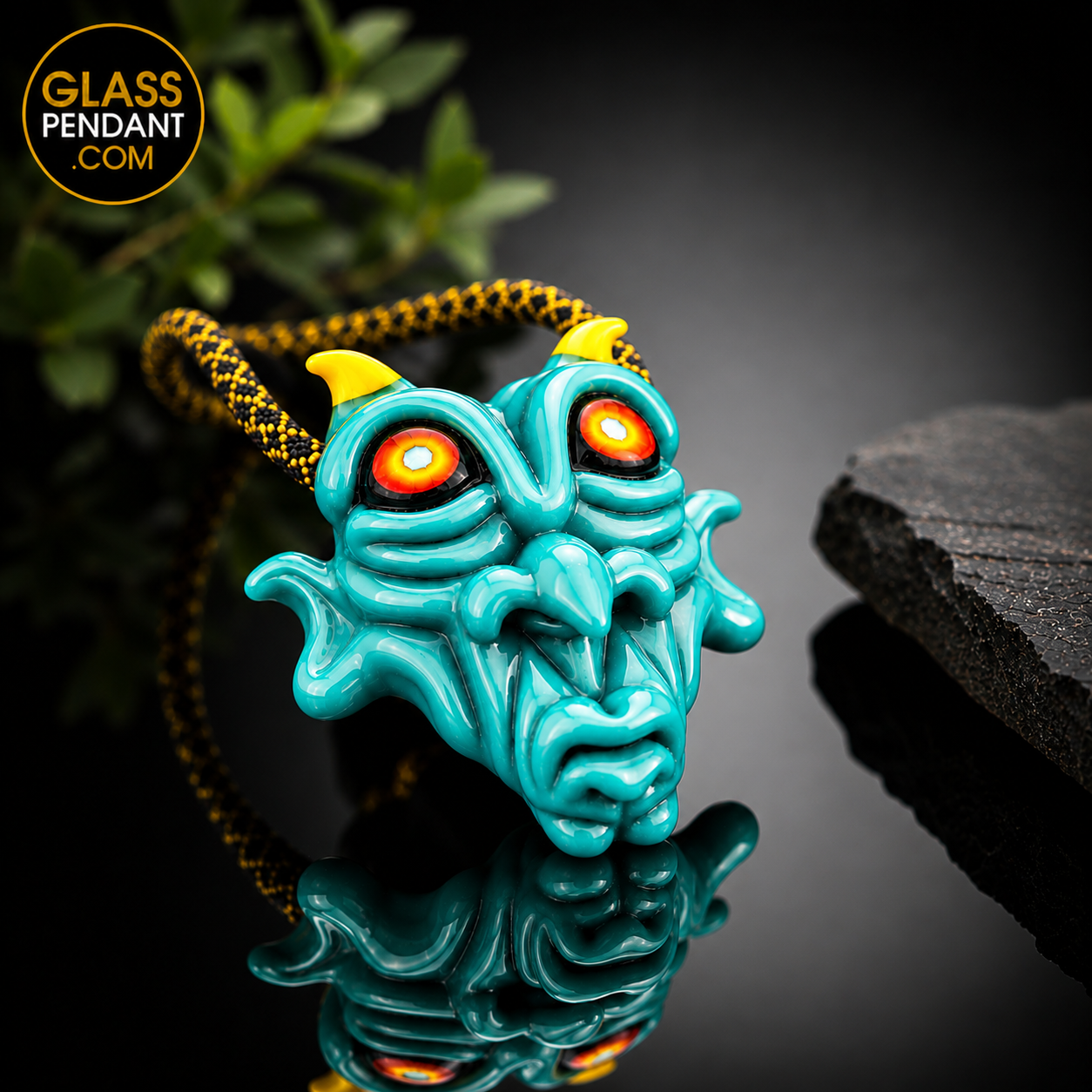 Hand-blown heady glass goblin pendant by @kalebfolckglass. Featuring hand sculpting. Hanging from a paracord necklace.