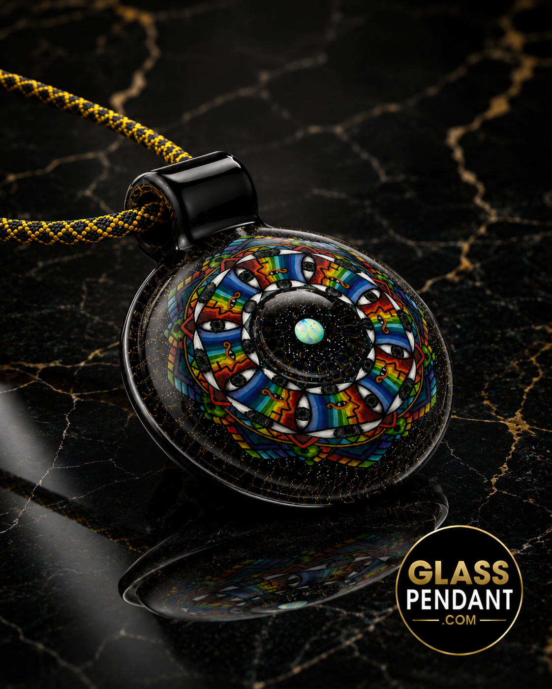 Hand-blown heady glass picasso inspired pendant by @kevinmurrayglass. Featuring an encased opal. Hanging from a paracord necklace.
