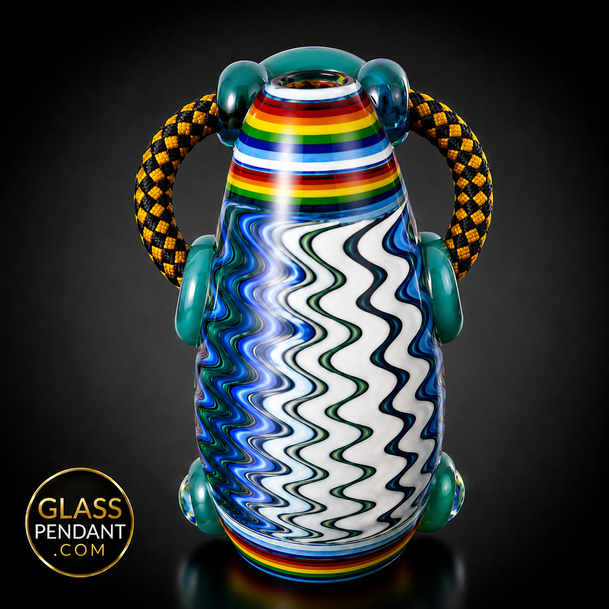 Hand-blown heady glass bull pendant by @kmanglass. Featuring third eye opal, rainbow wig wag linework. Hanging from a paracord necklace.