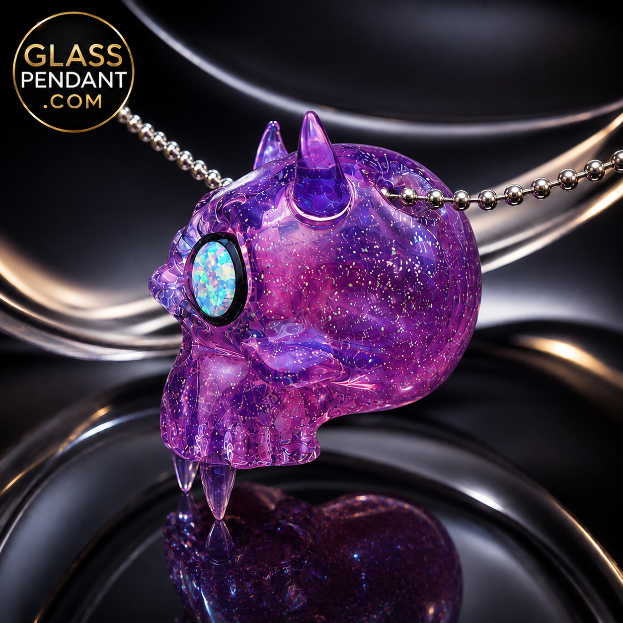 Hand-blown heady glass kali skull pendant by @leebrodee. All crushed opal. Featuring molten aura glass, and 2 encased opal eyes, and fangs. Hanging from a paracord necklace.