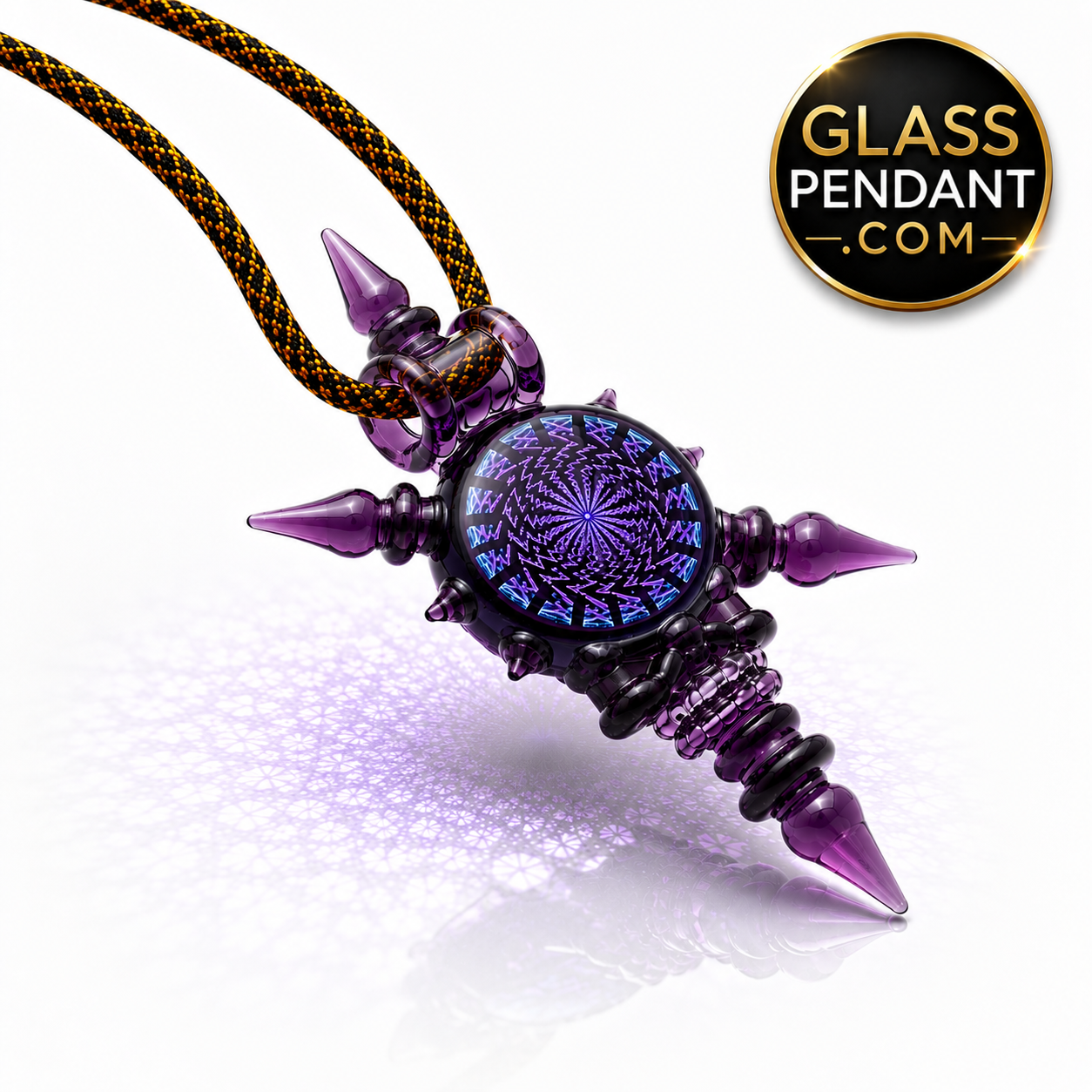 Hand-blown heady glass spiked deadhead skull pendant by @neebsglass. Featuring dichroic sacred geometry, and purple lollipop glass. Hanging from a paracord necklace.