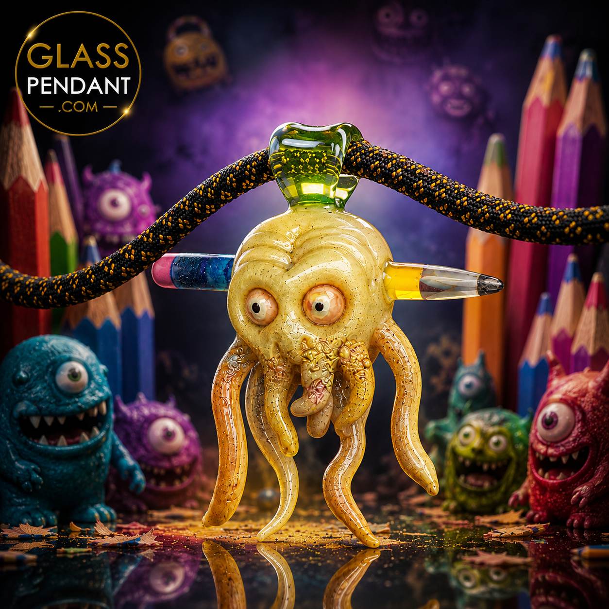 Hand-blown heady glass pencil monster cthulu collab pendant by @sherbetglass x @zinkglass. Hanging from a paracord necklace.