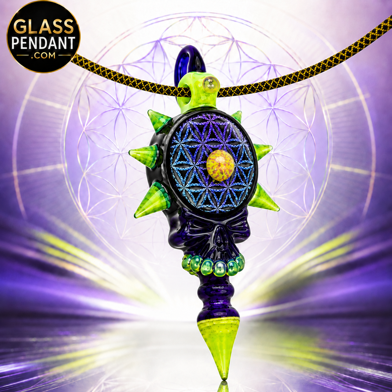 Hand-blown heady glass spiked deadhead skull pendant by @neebsglass. Featuring dichroic sacred geometry, slime glass, purple lollipop glass, and a center opal coin. Hanging from a paracord necklace.