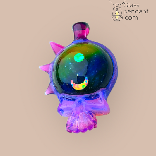 @neebsglass Pink Crescent Moon & Circle Opal Spiked Deadhead Skull Pendant