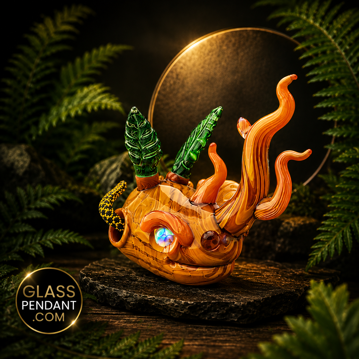 Hand-blown heady glass nature rhino pendant by @aiutoglass. Featuring encased opal eyes, leaf horns, and woodgrain finish. Hanging from a paracord necklace.