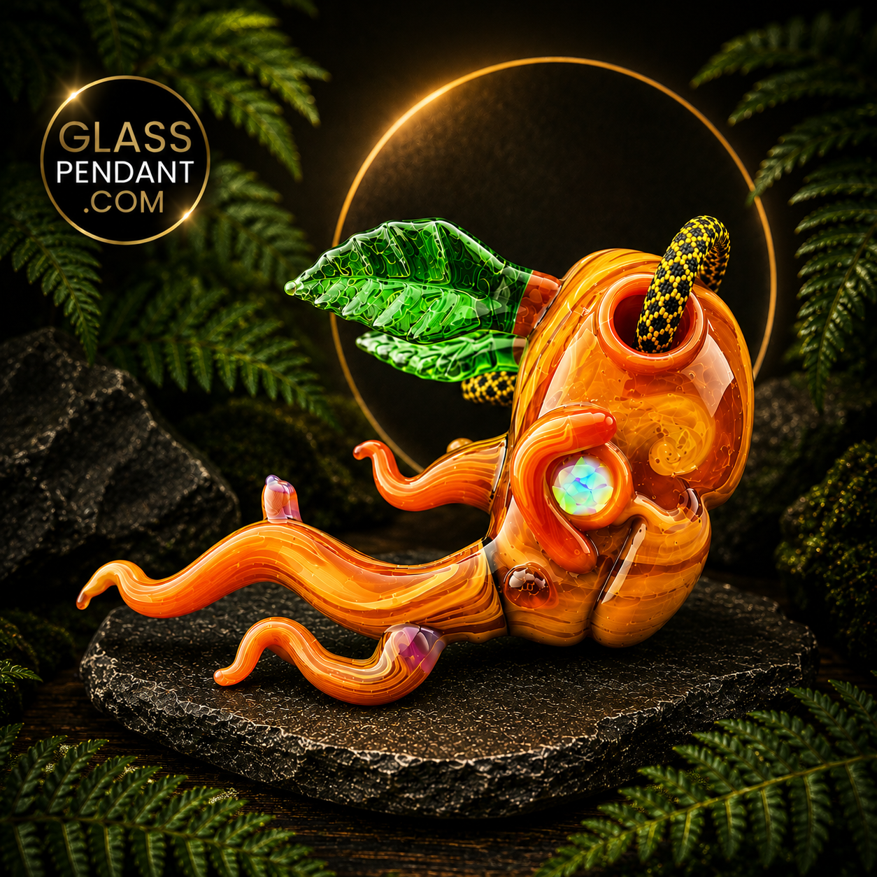Hand-blown heady glass nature rhino pendant by @aiutoglass. Featuring encased opal eyes, leaf horns, and woodgrain finish. Hanging from a paracord necklace.