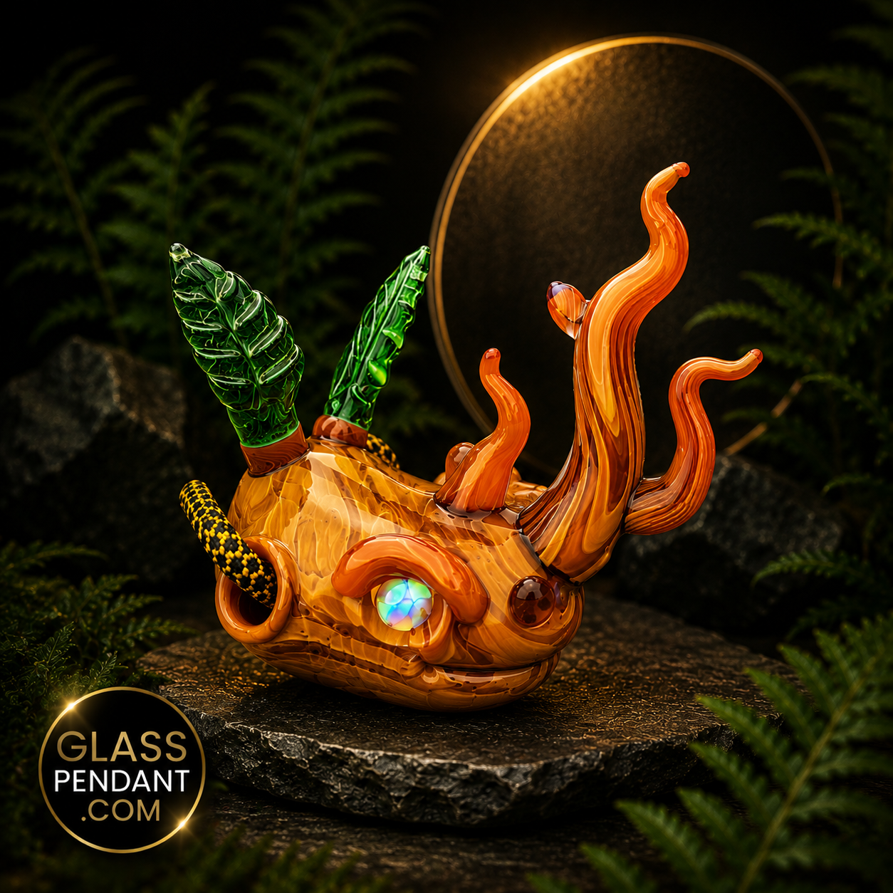 Hand-blown heady glass nature rhino pendant by @aiutoglass. Featuring encased opal eyes, leaf horns, and woodgrain finish. Hanging from a paracord necklace.