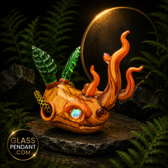Hand-blown heady glass nature rhino pendant by @aiutoglass. Featuring encased opal eyes, leaf horns, and woodgrain finish. Hanging from a paracord necklace.