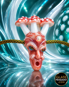 Hand-blown heady glass pendant by upgrade glass. Featuring red blizzard glass, amanita mushrooms, and encased third eye opal. Hanging from a ball chain necklace.
