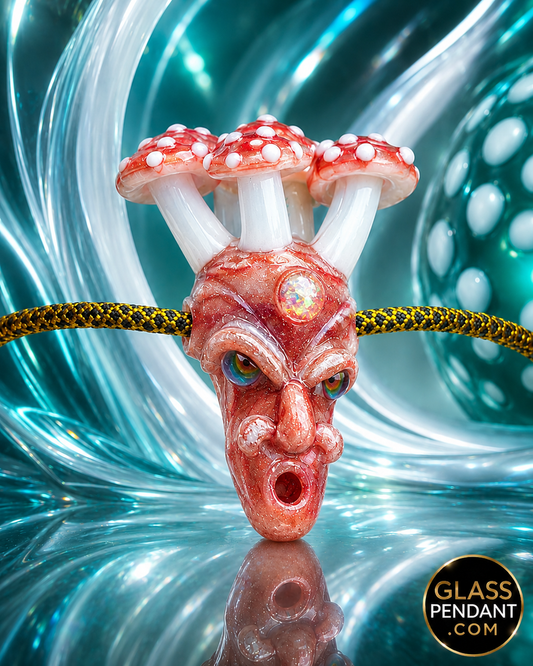 Hand-blown heady glass pendant by upgrade glass. Featuring red blizzard glass, amanita mushrooms, and encased third eye opal. Hanging from a ball chain necklace.