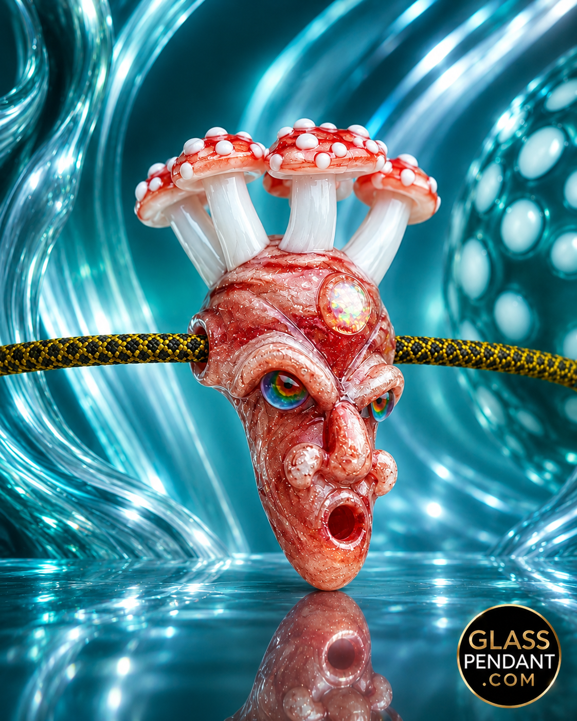 Hand-blown heady glass pendant by upgrade glass. Featuring red blizzard glass, amanita mushrooms, and encased third eye opal. Hanging from a ball chain necklace.