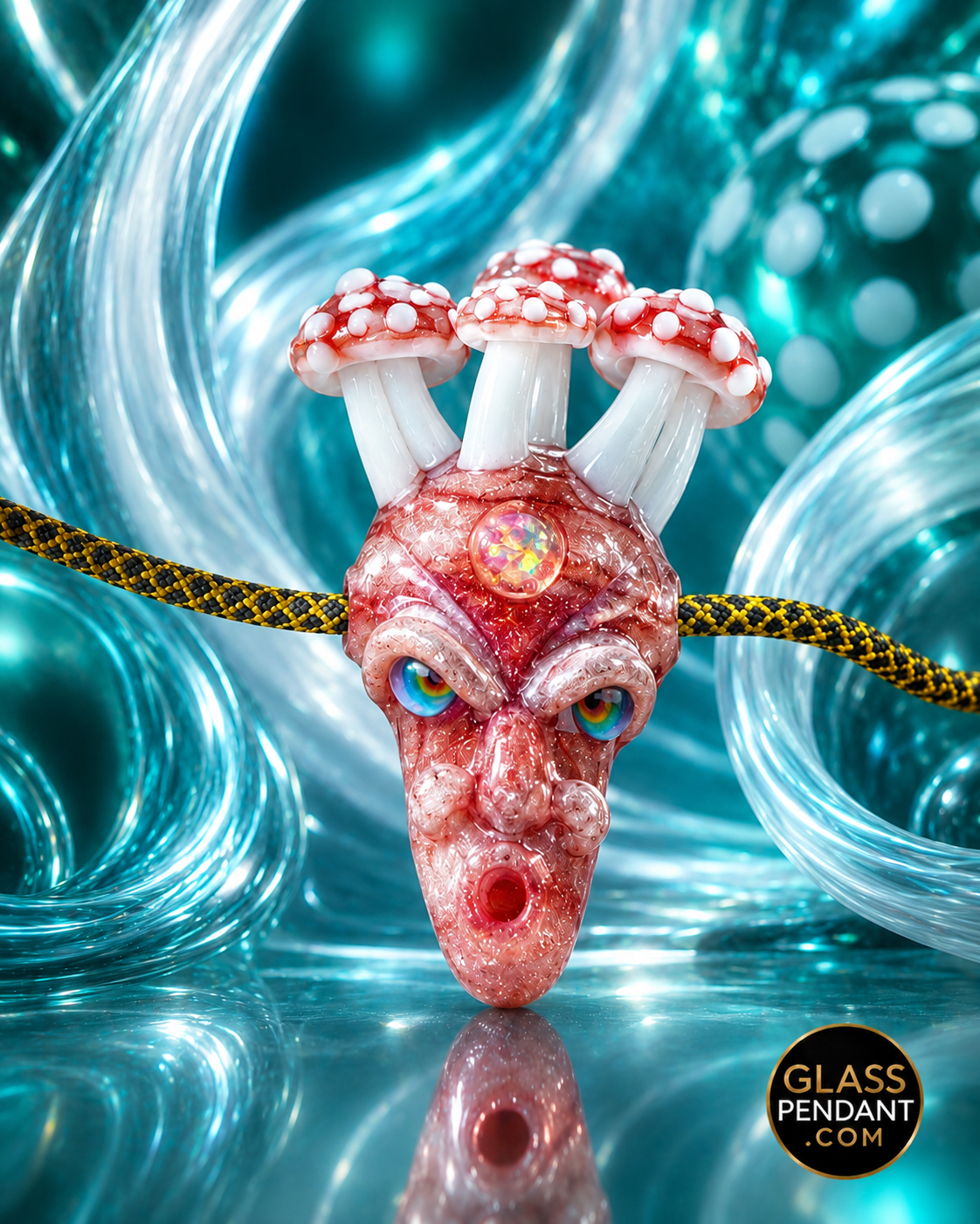 Hand-blown heady glass pendant by upgrade glass. Featuring red blizzard glass, amanita mushrooms, and encased third eye opal. Hanging from a ball chain necklace.