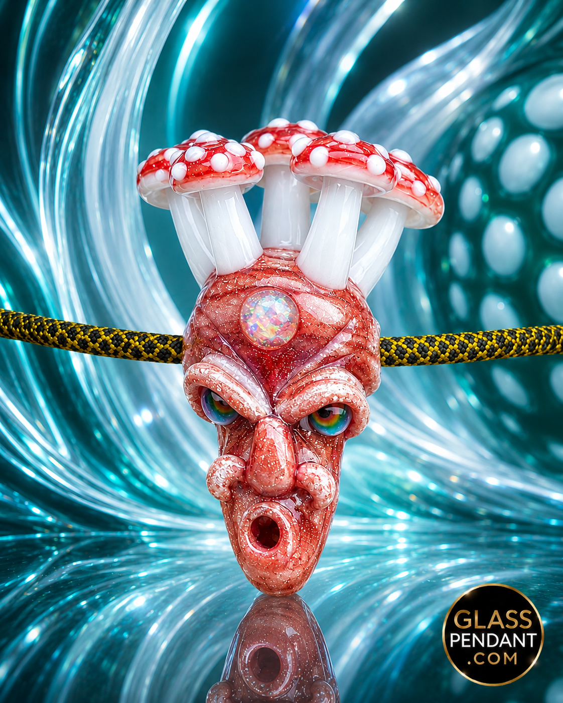 Hand-blown heady glass pendant by upgrade glass. Featuring red blizzard glass, amanita mushrooms, and encased third eye opal. Hanging from a ball chain necklace.