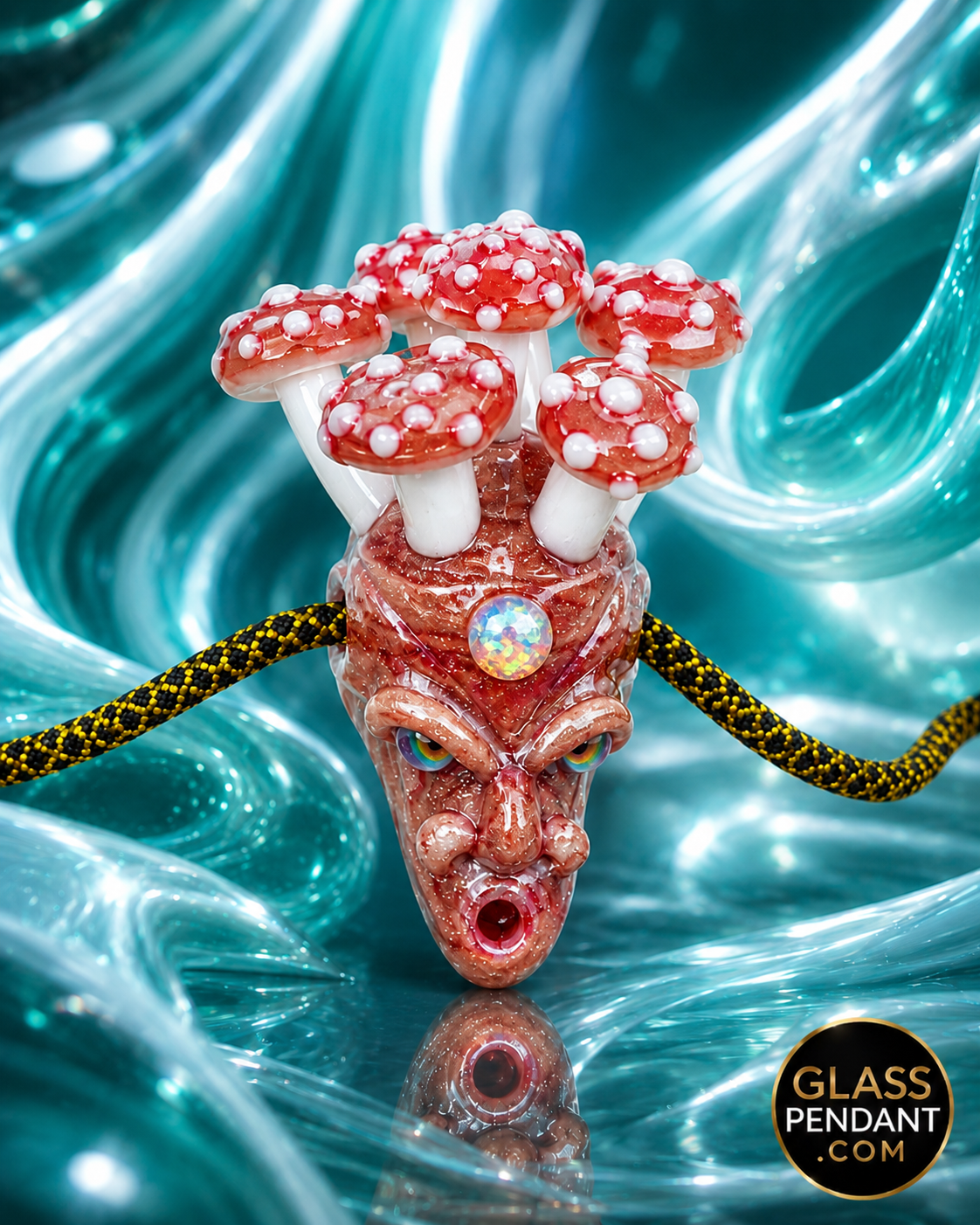 Hand-blown heady glass pendant by upgrade glass. Featuring red blizzard glass, amanita mushrooms, and encased third eye opal. Hanging from a ball chain necklace.