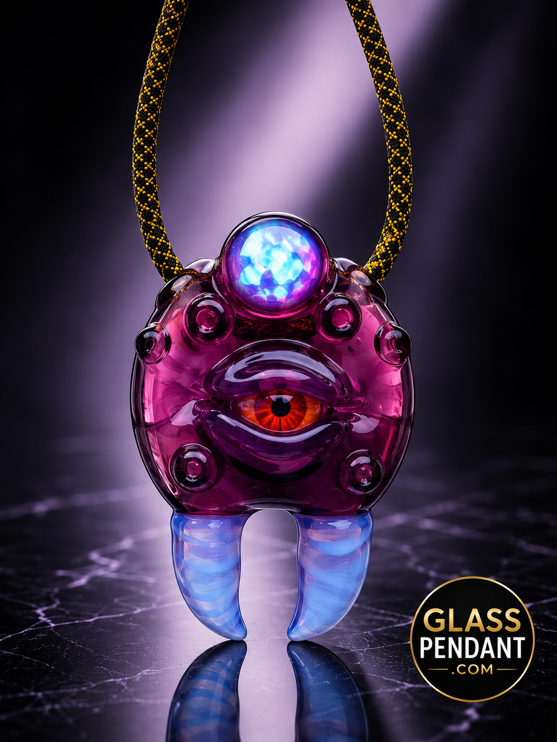 Hand-blown heady glass monster claw pendant by @diligent_glass. Featuring an XL encased opal crushed opal, amethyst glass. Hanging from a paracord necklace.