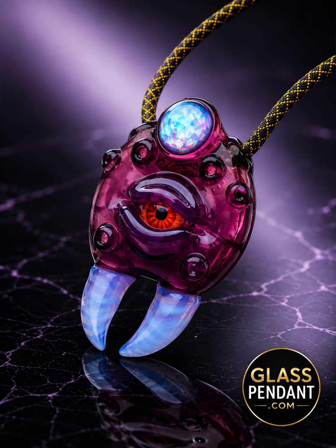 Hand-blown heady glass monster claw pendant by @diligent_glass. Featuring an XL encased opal crushed opal, amethyst glass. Hanging from a paracord necklace.