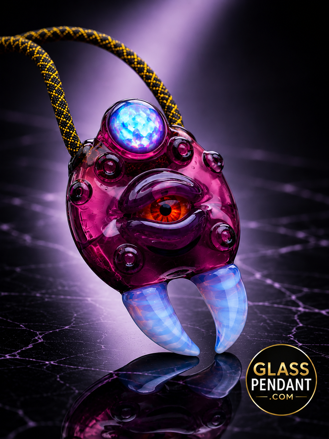 Hand-blown heady glass monster claw pendant by @diligent_glass. Featuring an XL encased opal crushed opal, amethyst glass. Hanging from a paracord necklace.