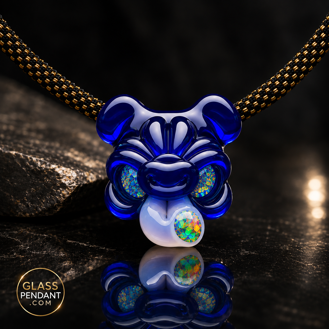 Hand-blown heady glass spunion pendant by @c.a.s.t.o. Featuring encased XL opals, and dosed opal tongue. Hanging from a paracord necklace.