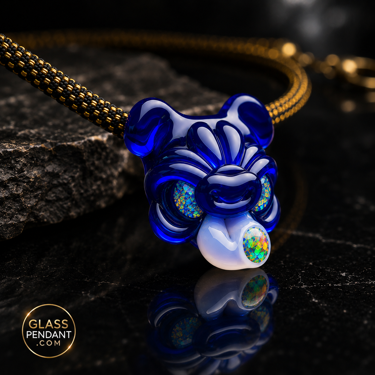 Hand-blown heady glass spunion pendant by @c.a.s.t.o. Featuring encased XL opals, and dosed opal tongue. Hanging from a paracord necklace.