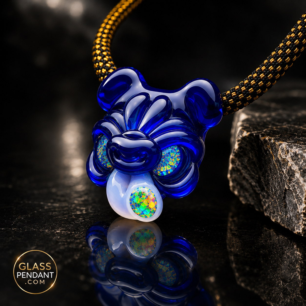 Hand-blown heady glass spunion pendant by @c.a.s.t.o. Featuring encased XL opals, and dosed opal tongue. Hanging from a paracord necklace.