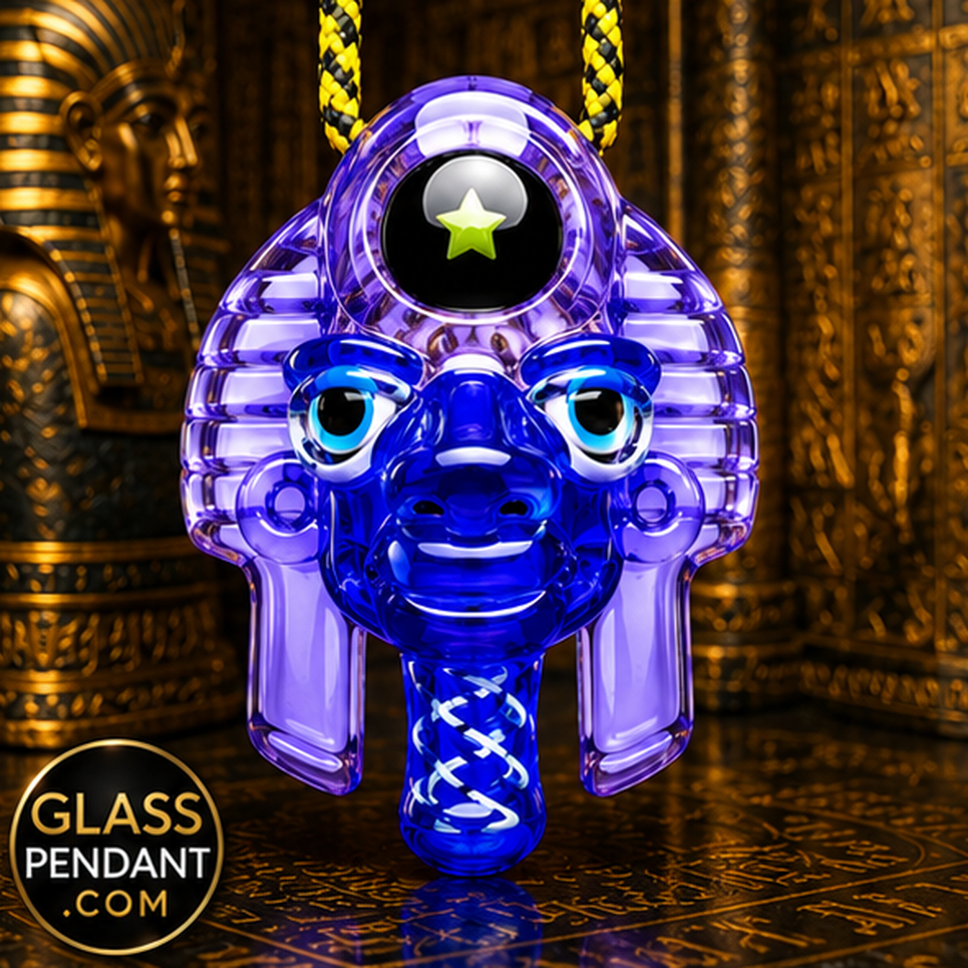 Hand-blown heady glass pharoah young tut pendant by @dannycampglass. Featuring an encased star shaped opal. Hanging from a paracord necklace.