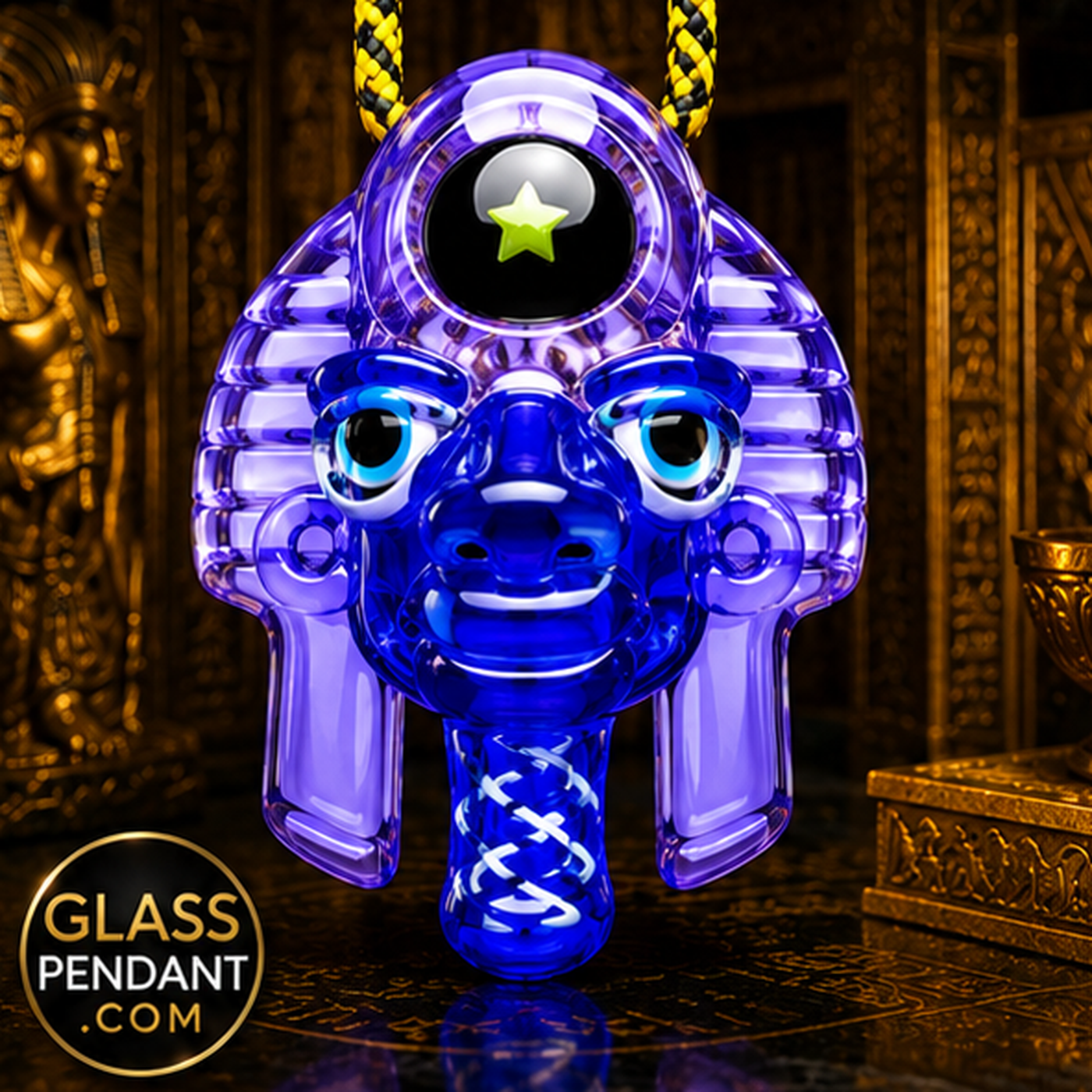 Hand-blown heady glass pharoah young tut pendant by @dannycampglass. Featuring an encased star shaped opal. Hanging from a paracord necklace.