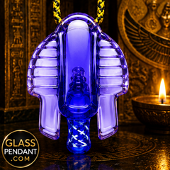 Hand-blown heady glass pharoah young tut pendant by @dannycampglass. Featuring an encased star shaped opal. Hanging from a paracord necklace.