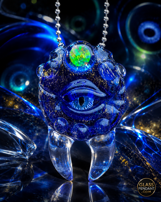 Hand-blown heady glass pendant. Featuring dichroic glass, and encased opal. Hanging from a ball chain necklace.