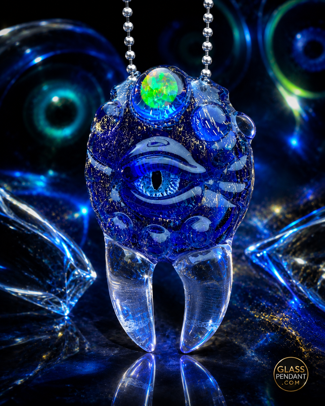 Hand-blown heady glass pendant. Featuring dichroic glass, and encased opal. Hanging from a ball chain necklace.