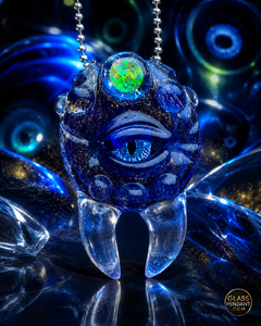 Hand-blown heady glass pendant. Featuring dichroic glass, and encased opal. Hanging from a ball chain necklace.