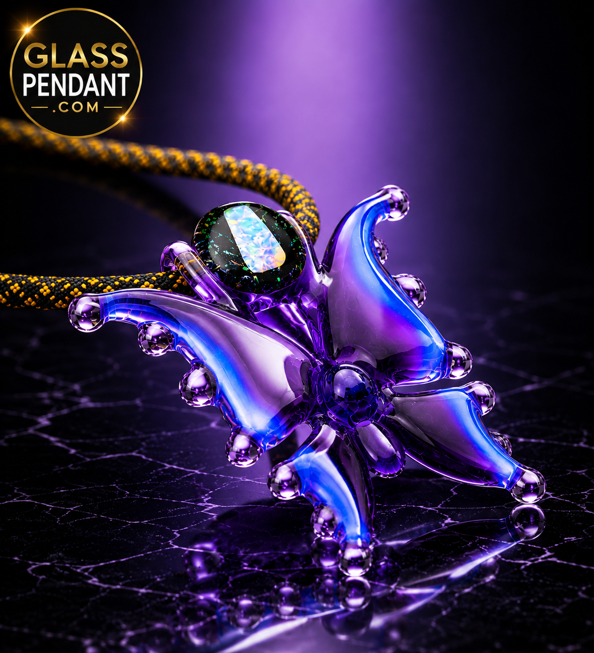 Hand-blown heady glass butterfly pendant by @diligent_glass. Featuring an encased opal crushed opal marble, purple lollipop glass, moonstone glass. Hanging from a paracord necklace.