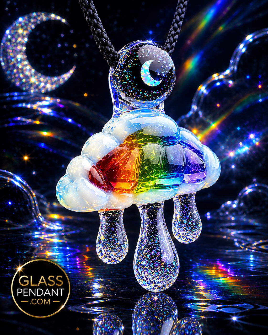 Hand-blown heady glass raindrop rainbow cloud pendant by @diligent_glass. Featuring crushed opal raindrops, and an encased marble crescent moon opal. Hanging from a paracord necklace.