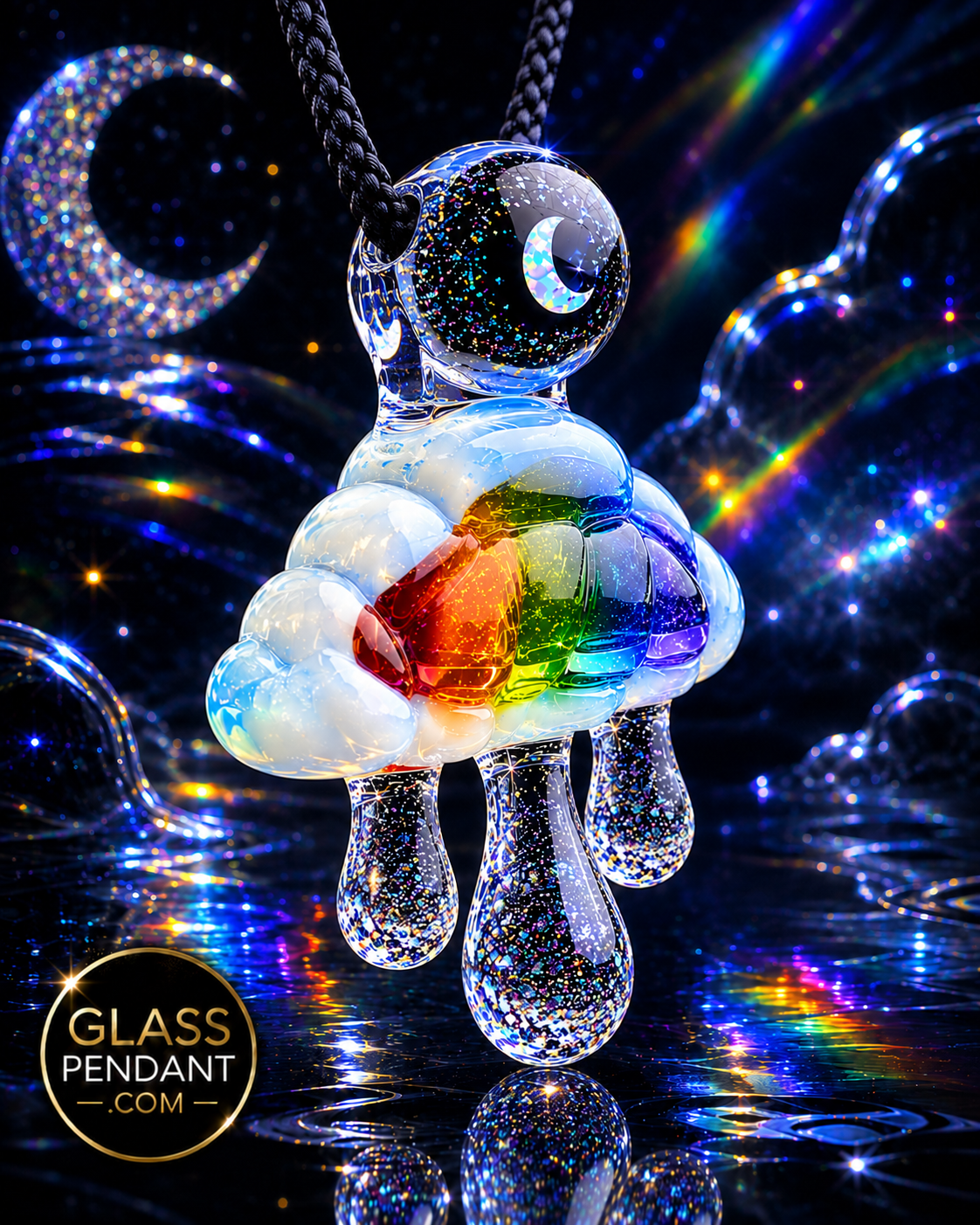Hand-blown heady glass raindrop rainbow cloud pendant by @diligent_glass. Featuring crushed opal raindrops, and an encased marble crescent moon opal. Hanging from a paracord necklace.