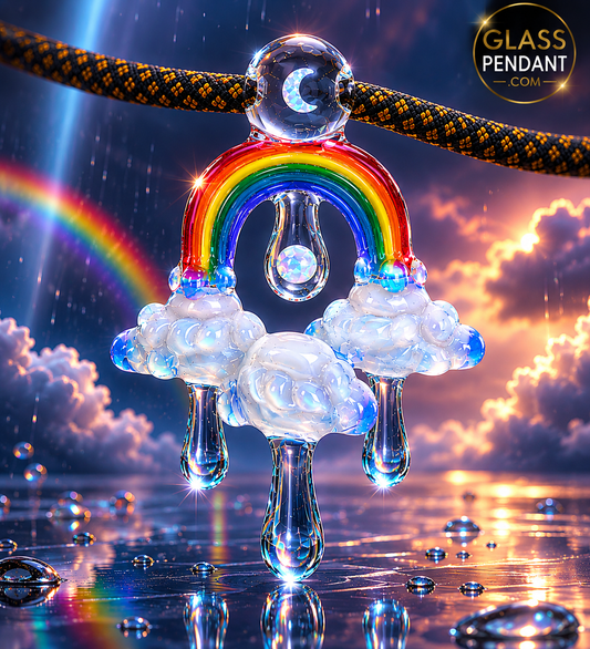 Hand-blown heady glass raindrop rainbow cloud pendant by @diligent_glass. Featuring an encased crescent moon opal, and an encased opal coin. Hanging from a paracord necklace.
