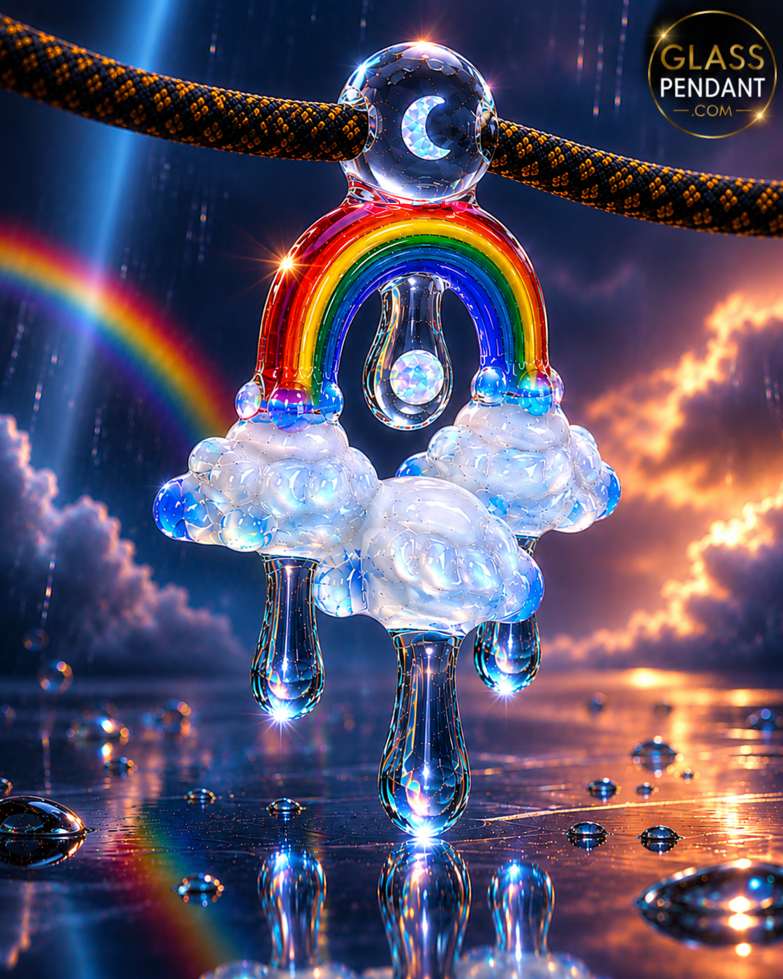 Hand-blown heady glass raindrop rainbow cloud pendant by @diligent_glass. Featuring an encased crescent moon opal, and an encased opal coin. Hanging from a paracord necklace.