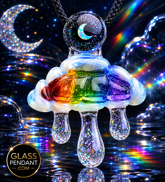Hand-blown heady glass raindrop rainbow cloud pendant by @diligent_glass. Featuring crushed opal raindrops, and an encased marble crescent moon opal. Hanging from a paracord necklace.