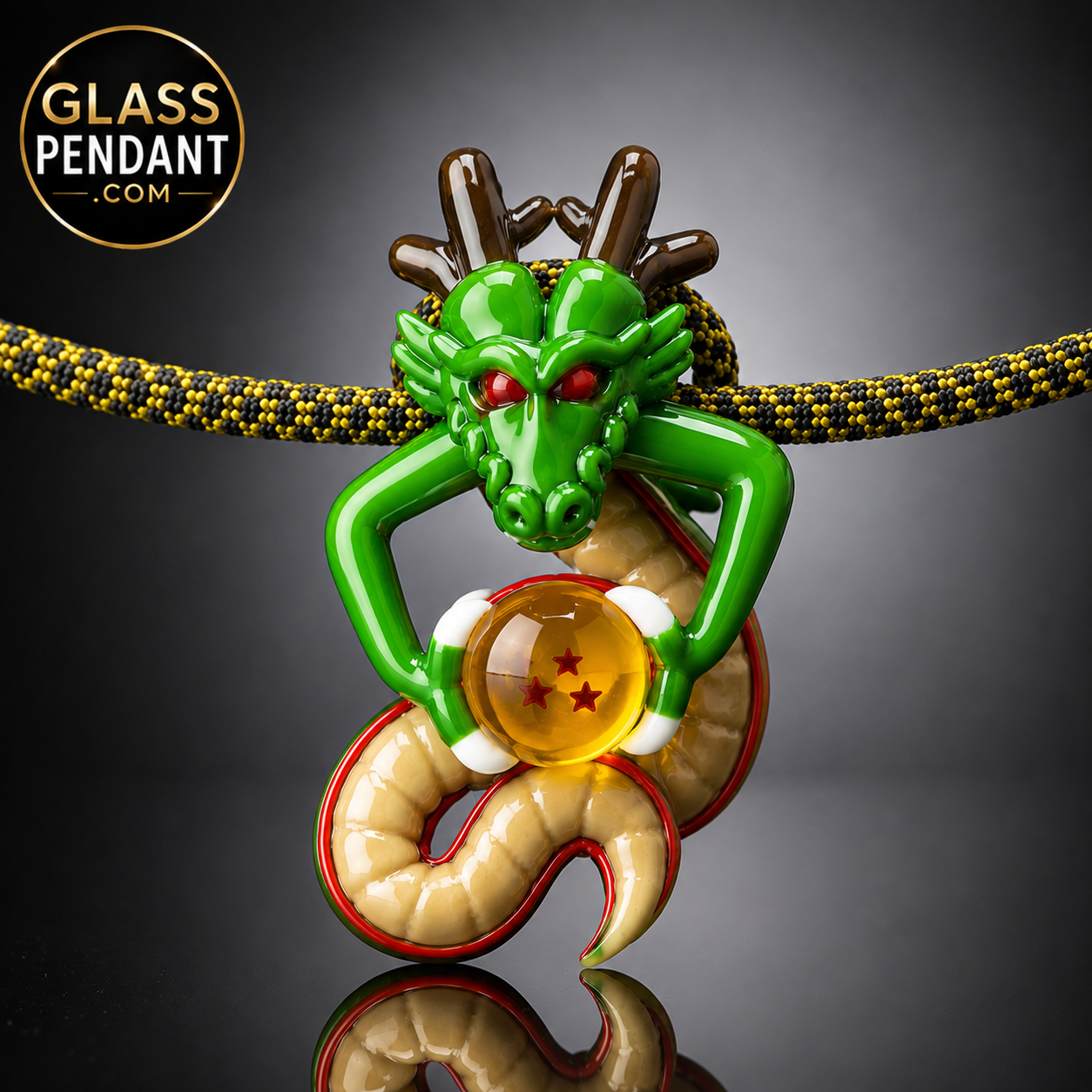 Hand-blown heady glass dragon pendant by @levelupglass. Hanging from a paracord necklace.