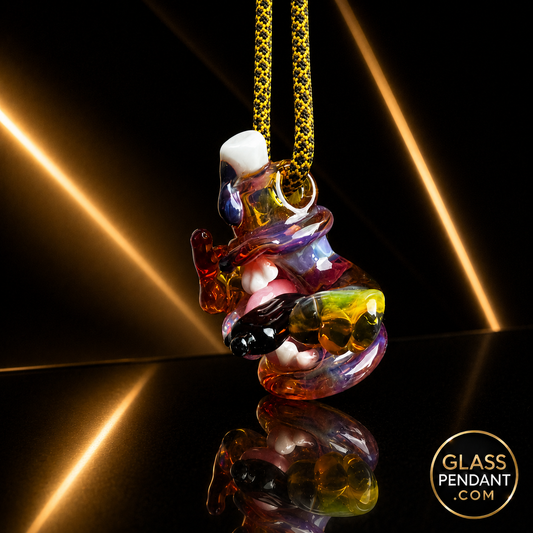 Hand-blown heady glass spray paint can pendant by @gl_asshole. Featuring amber purple glass. Hanging from a paracord necklace. 