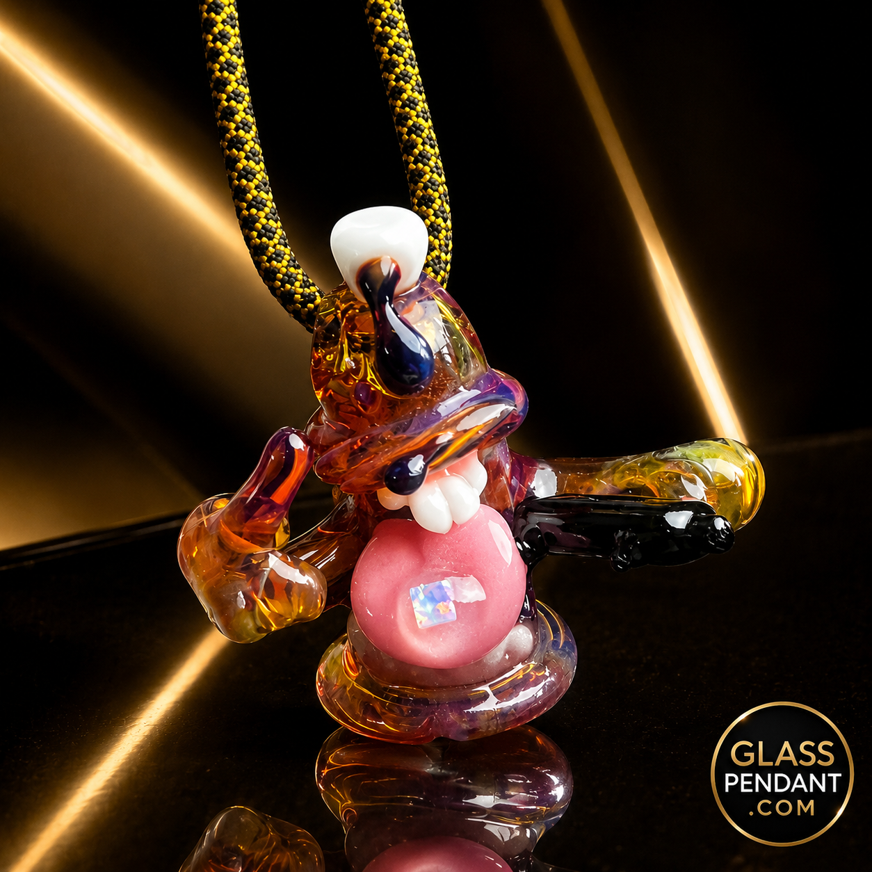 Hand-blown heady glass spray paint can pendant by @gl_asshole. Featuring amber purple glass. Hanging from a paracord necklace. 