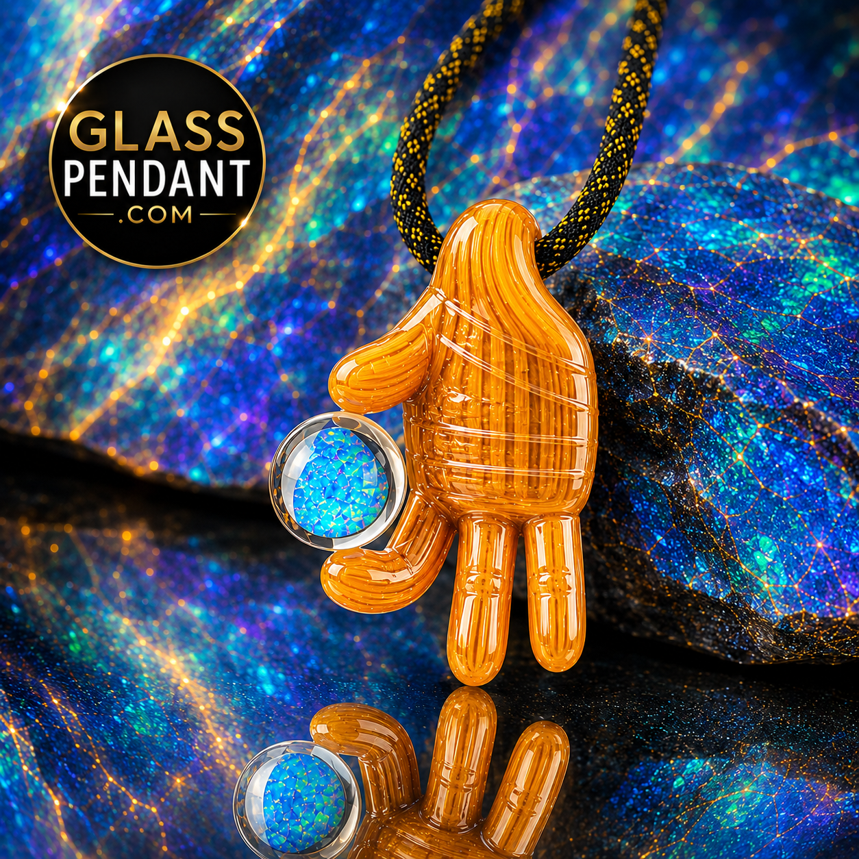 Hand-blown heady glass clutch hand pendant by @goober_gabe. Featuring encased XL opal marble. Hanging from a paracord necklace.