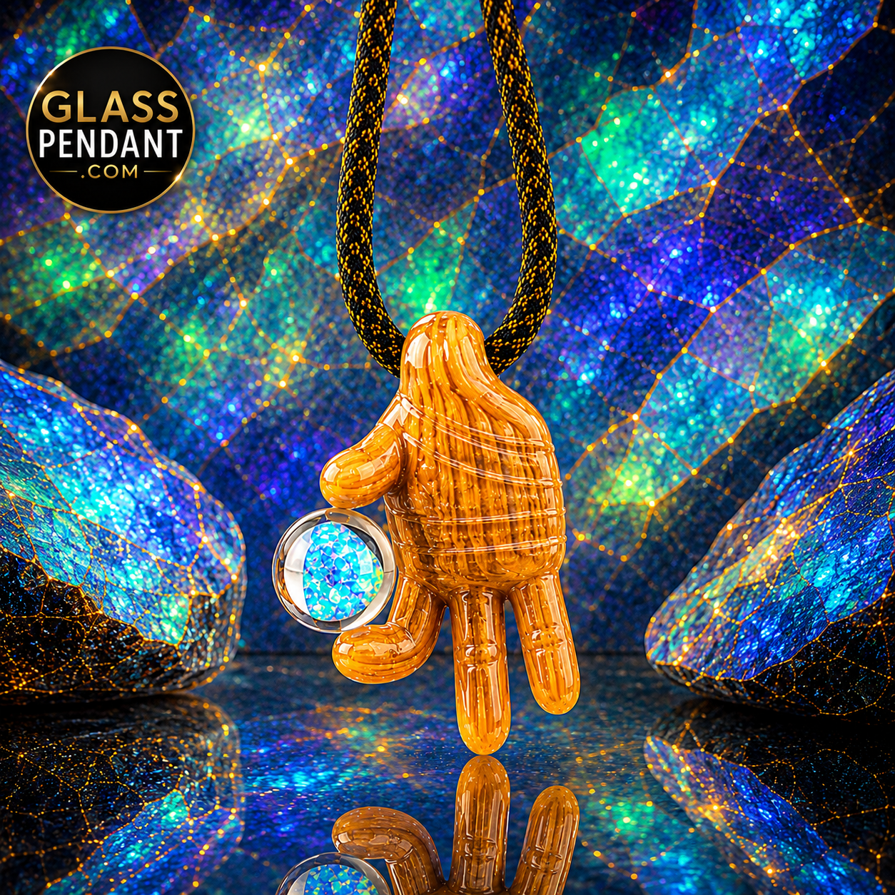 Hand-blown heady glass clutch hand pendant by @goober_gabe. Featuring encased XL opal marble. Hanging from a paracord necklace.