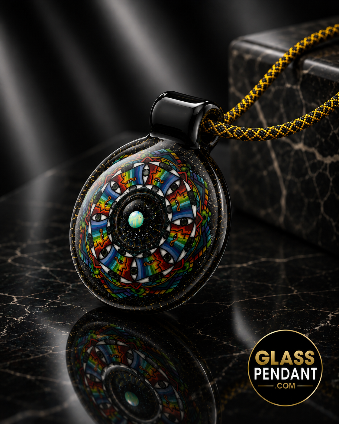 Hand-blown heady glass picasso inspired pendant by @kevinmurrayglass. Featuring an encased opal. Hanging from a paracord necklace.