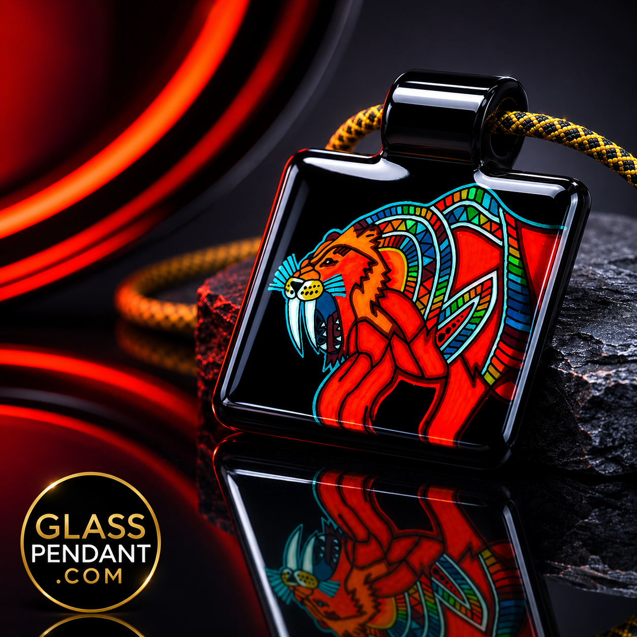 Hand-blown heady glass sabertooth tiger pendant by @kevinmurrayglass. Hanging from a paracord necklace. 