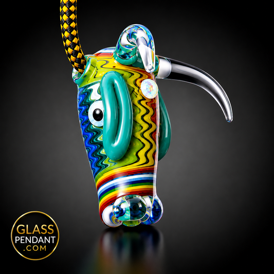 Hand-blown heady glass bull pendant by @kmanglass. Featuring third eye opal, rainbow wig wag linework. Hanging from a paracord necklace.