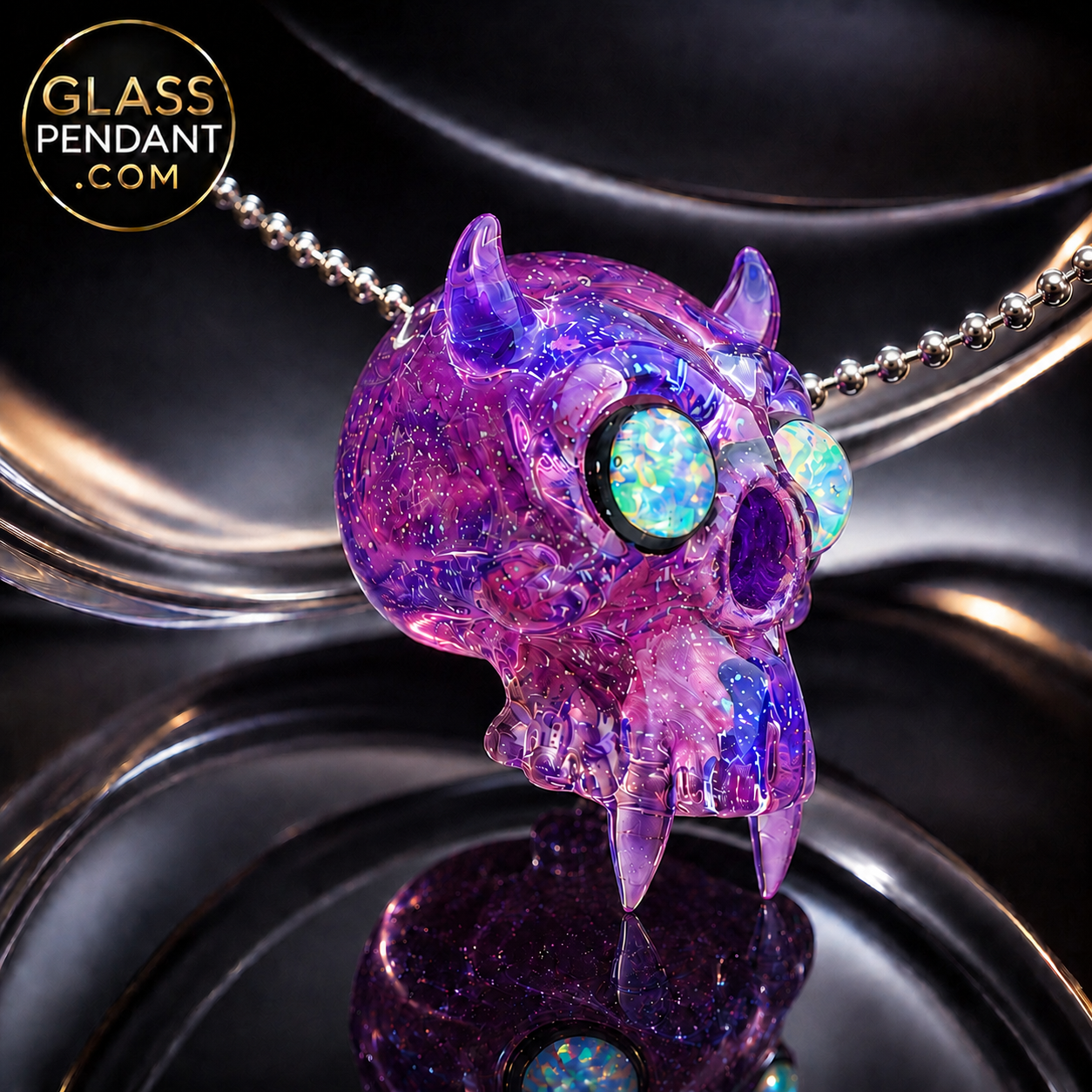 Hand-blown heady glass kali skull pendant by @leebrodee. All crushed opal. Featuring molten aura glass, and 2 encased opal eyes, and fangs. Hanging from a paracord necklace.
