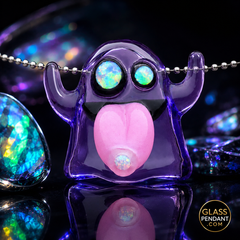 Hand-blown heady glass emoji ghost pendant by leebrodee. Featuring CFL color-changing parallax glass, encased opal eyes, and a dosed opal tongue. Hanging from a ball chain necklace. 