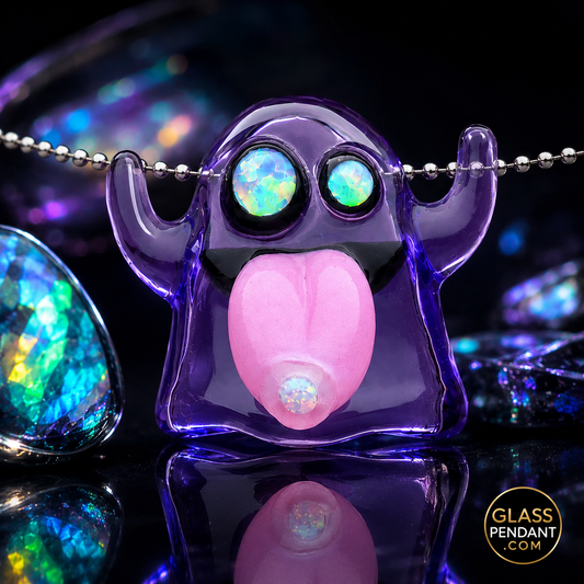 Hand-blown heady glass emoji ghost pendant by leebrodee. Featuring CFL color-changing parallax glass, encased opal eyes, and a dosed opal tongue. Hanging from a ball chain necklace. 
