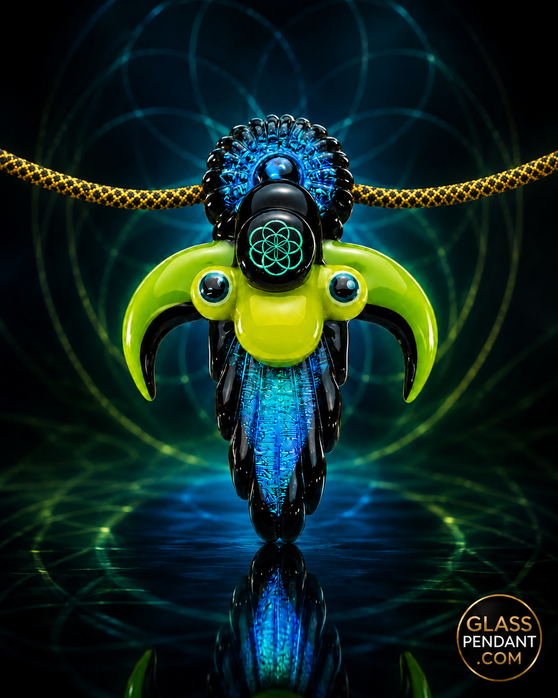 Hand-blown heady glass pendant by Mongrel Glass. Featuring dichroic sacred geometry. Hanging from a paracord necklace.