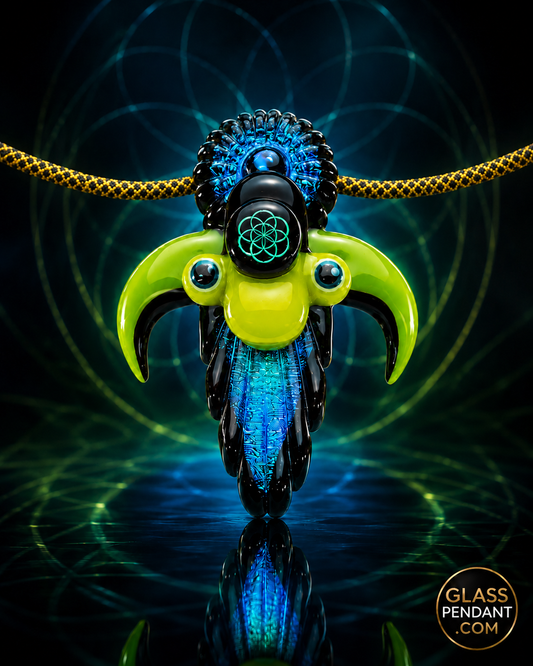 Hand-blown heady glass pendant by Mongrel Glass. Featuring dichroic sacred geometry. Hanging from a paracord necklace.